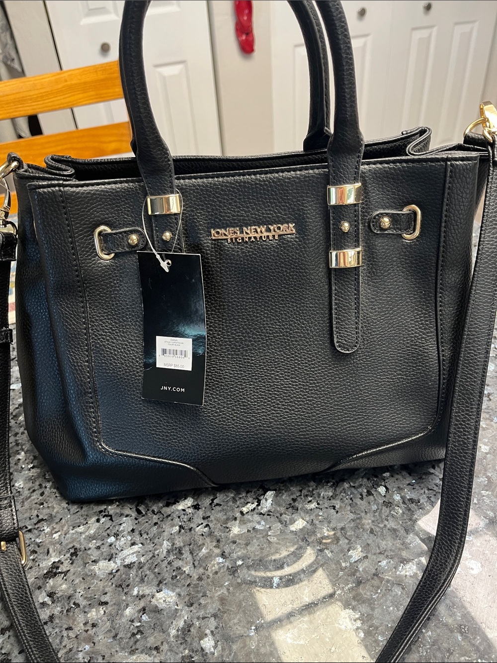 Jones New York Black Pebbled Satchel with Gold Accents